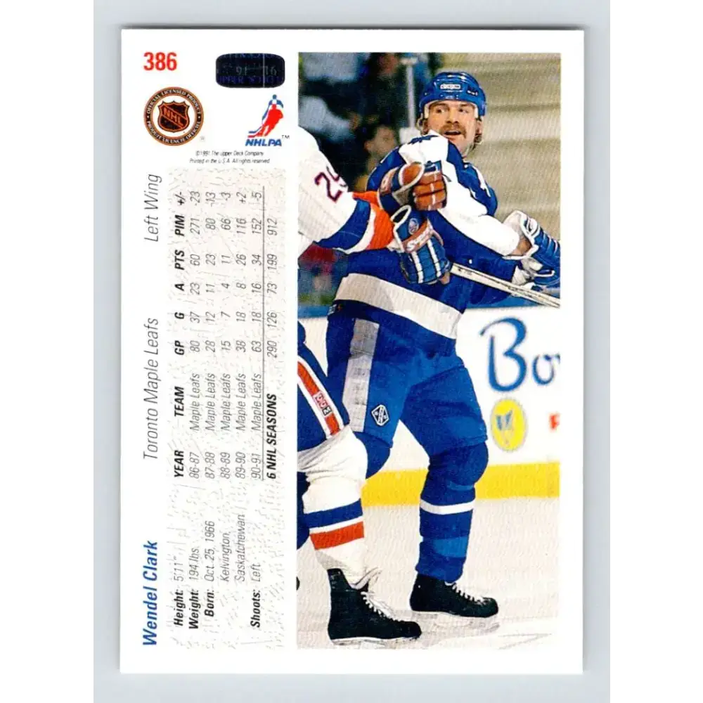 1991-92 Upper Deck #386 Wendel Clark NM-MT Toronto Maple Leafs Hockey Card - Hockey Card Single