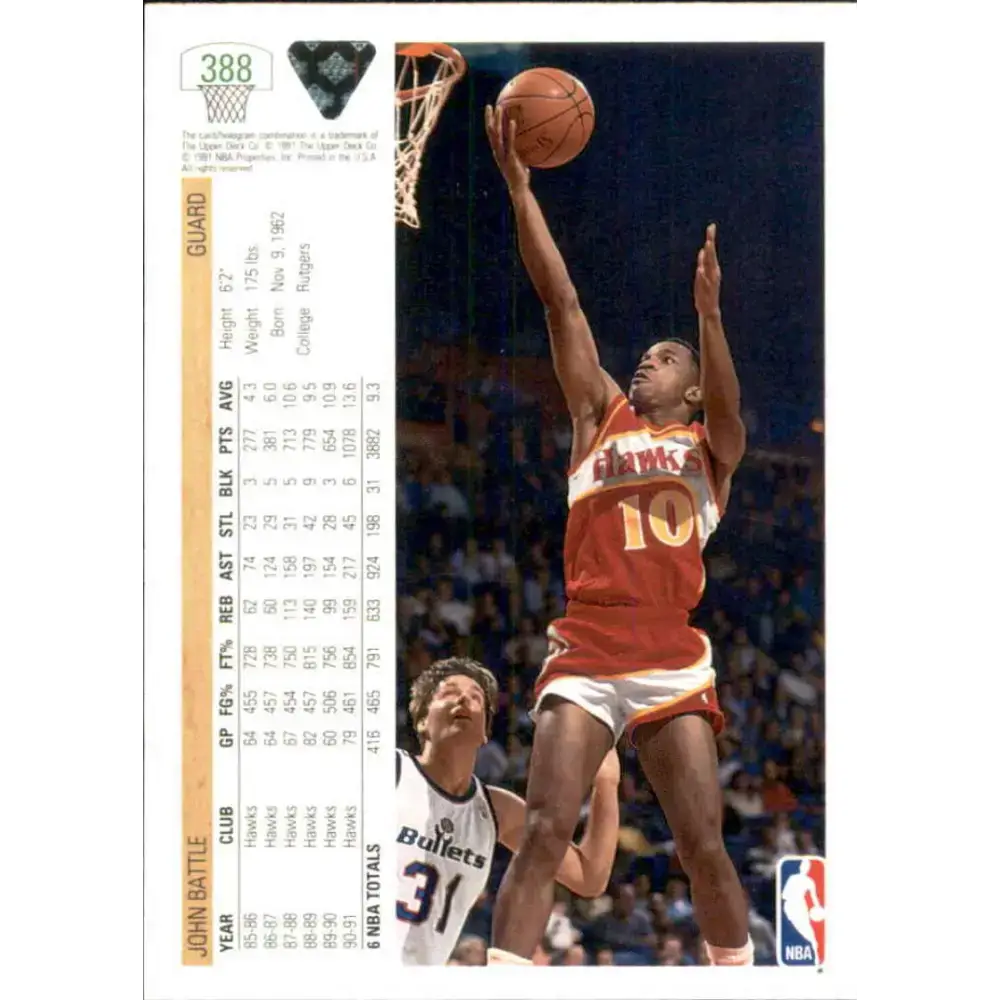 1991-92 Upper Deck #388 John Battle NM-MT Atlanta Hawks Basketball Card - Basketball Card Single