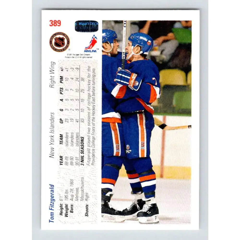 1991-92 Upper Deck #389 Tom Fitzgerald NM-MT New York Islanders Hockey Card - Hockey Card Single