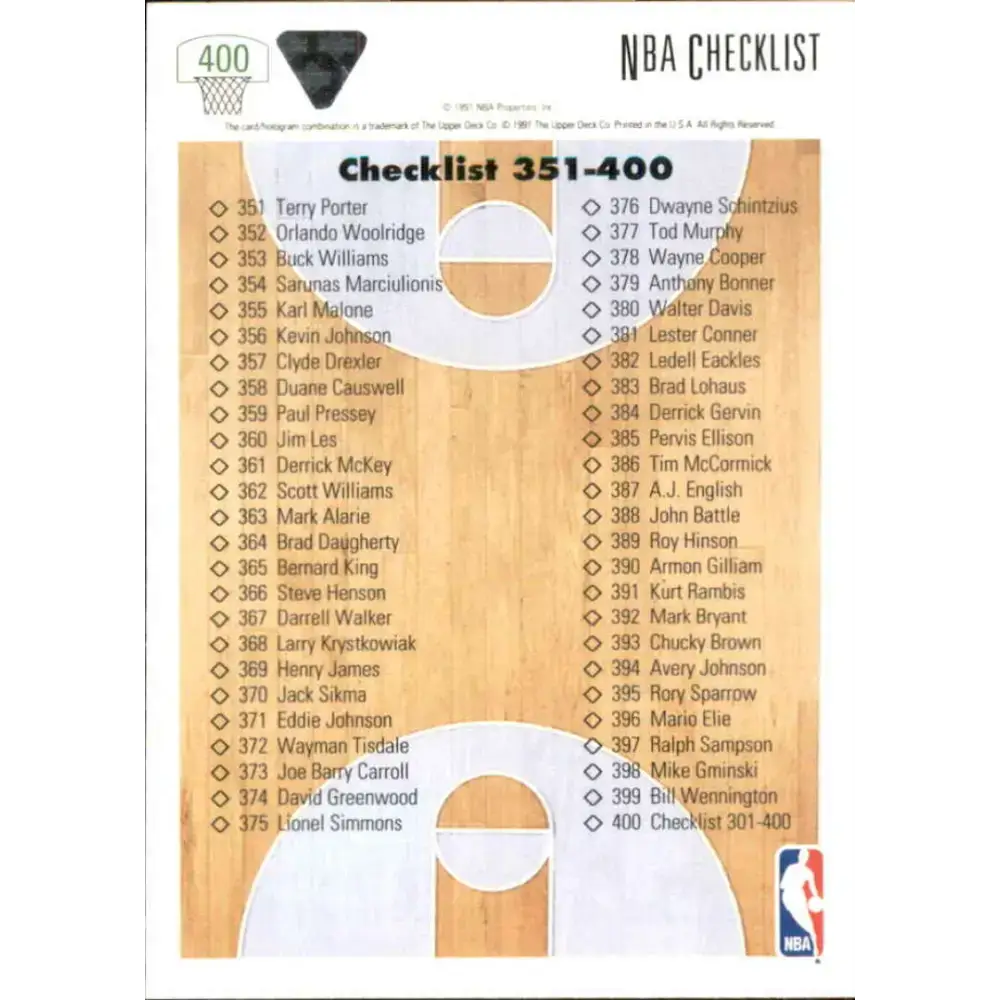 1991-92 Upper Deck #400 Checklist 301-400 NM-MT Basketball Card - Basketball Card Single