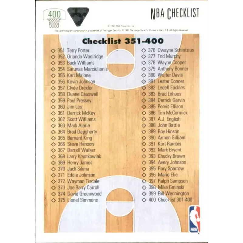 1991-92 Upper Deck #400 Checklist 301-400 NM-MT Basketball Card - Basketball Card Single