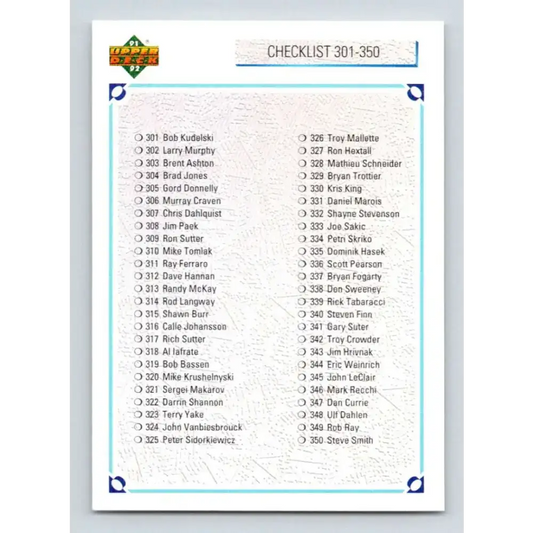 1991-92 Upper Deck #400 Checklist 301-400 NM-MT Hockey Card - Hockey Card Single