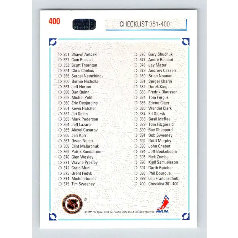1991-92 Upper Deck #400 Checklist 301-400 NM-MT Hockey Card - Hockey Card Single