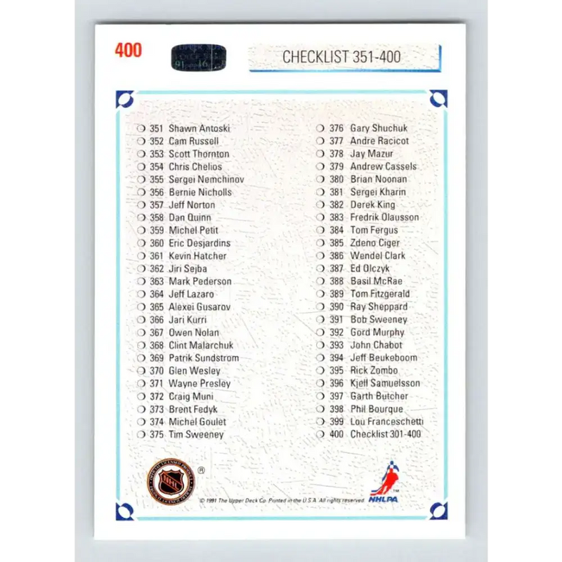 1991-92 Upper Deck #400 Checklist 301-400 NM-MT Hockey Card - Hockey Card Single