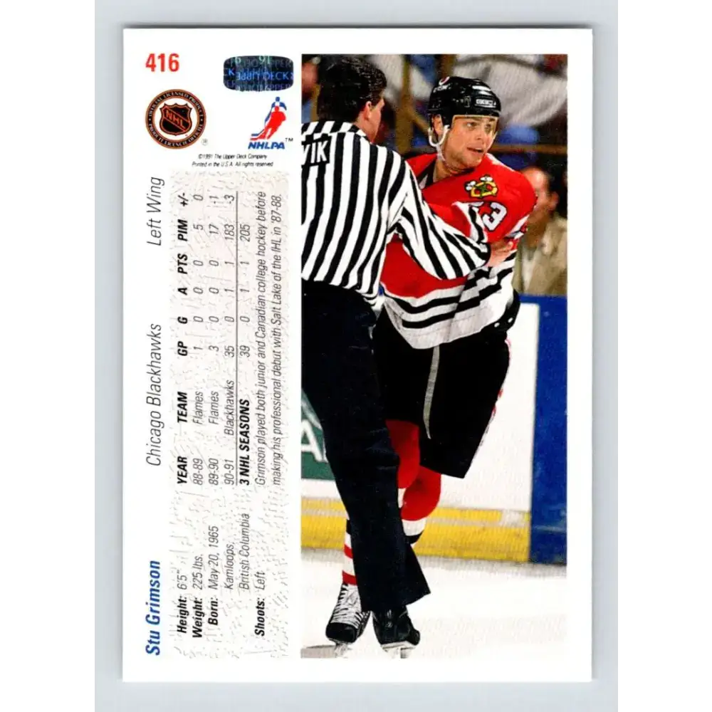 1991-92 Upper Deck #416 Stu Grimson NM-MT RC Rookie Hockey Card - Hockey Card Single