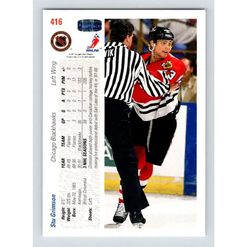1991-92 Upper Deck #416 Stu Grimson NM-MT RC Rookie Hockey Card - Hockey Card Single