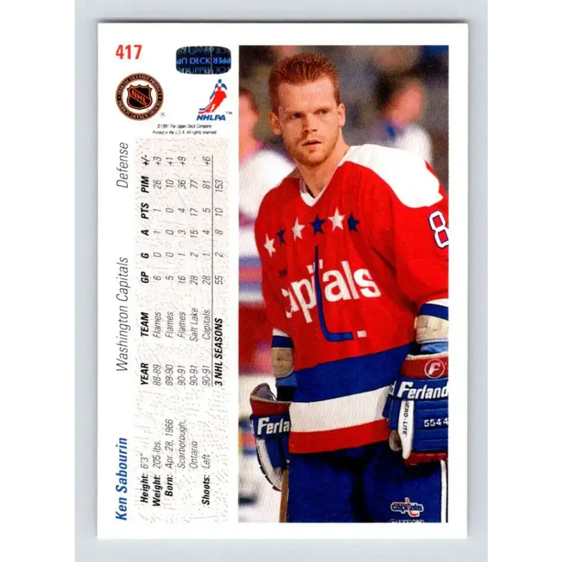 1991-92 Upper Deck #417 Ken Sabourin NM-MT Washington Capitals Hockey Card - Hockey Card Single