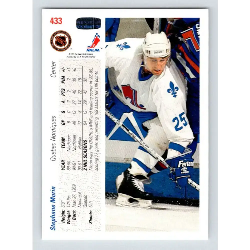 1991-92 Upper Deck #433 Stephane Morin NM-MT Quebec Nordiques Hockey Card - Hockey Card Single