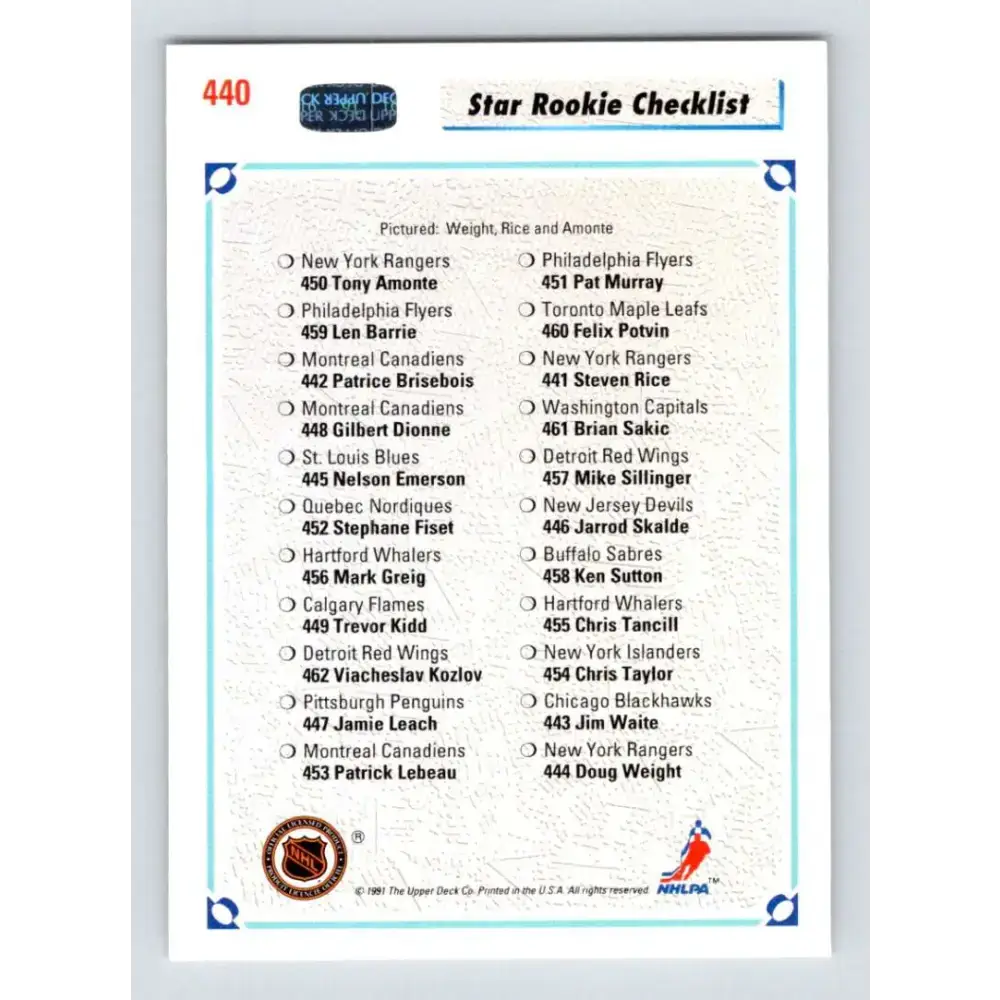 1991-92 Upper Deck #440 Doug Weight/Steve Rice/Tony Amonte SR CL NM-MT RC Rookie New York Rangers Hockey Card - Hockey