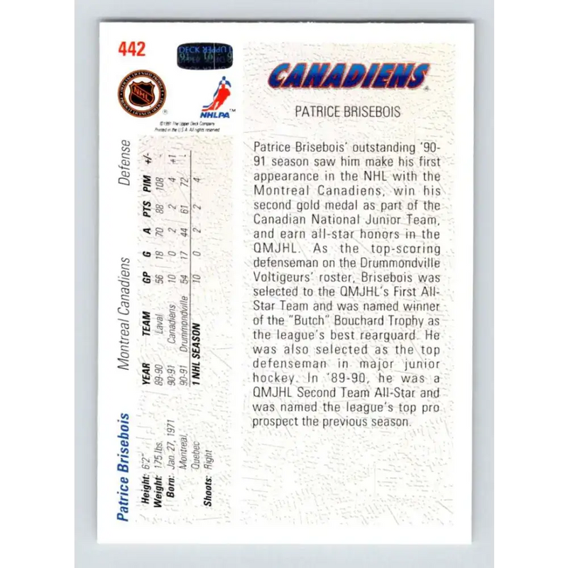 1991-92 Upper Deck #442 Patrice Brisebois NM-MT Montreal Canadiens Hockey Card - Hockey Card Single