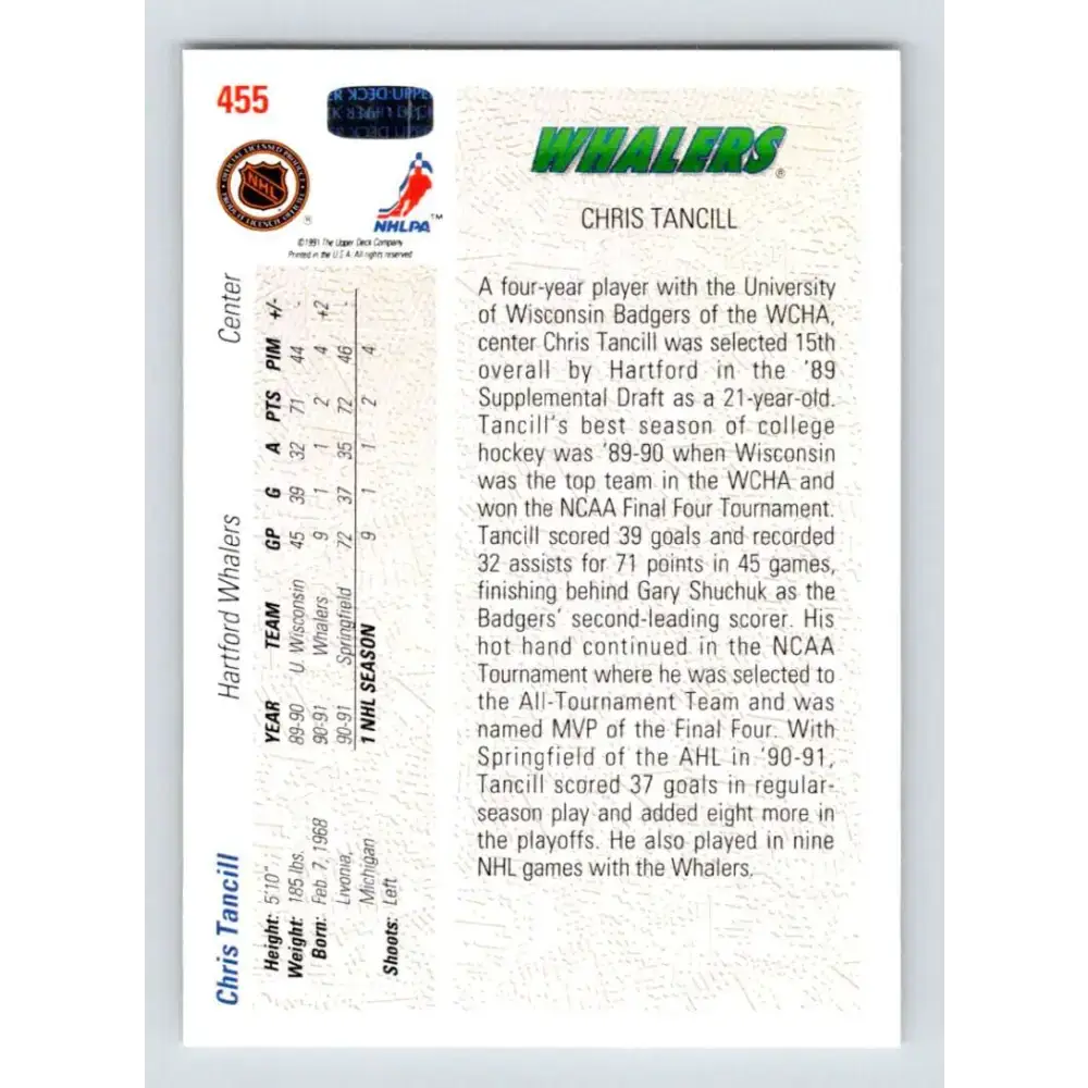 1991-92 Upper Deck #455 Chris Tancill NM-MT RC Rookie Hartford Whalers Hockey Card - Hockey Card Single