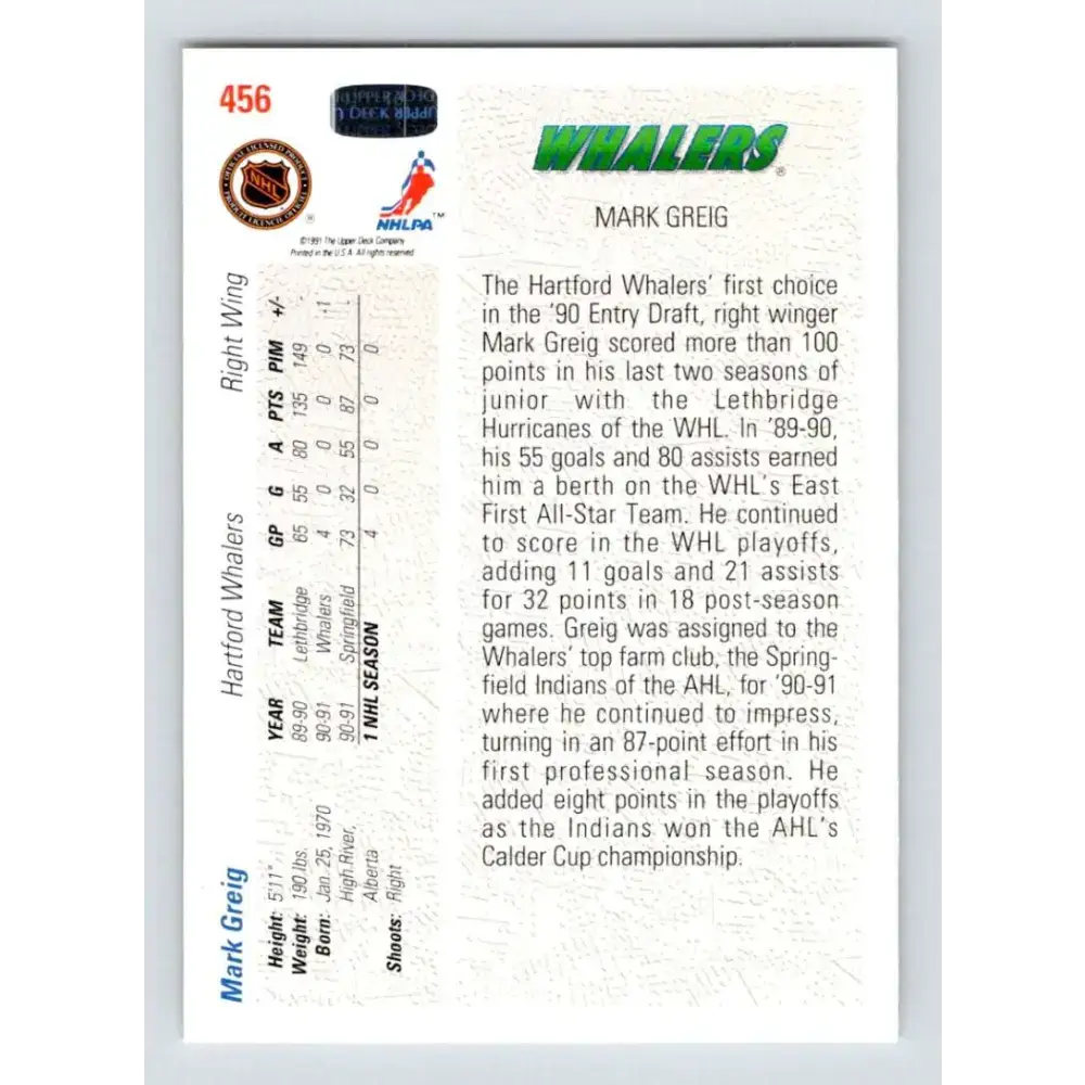 1991-92 Upper Deck #456 Mark Greig SR NM-MT RC Rookie Hartford Whalers Hockey Card - Hockey Card Single