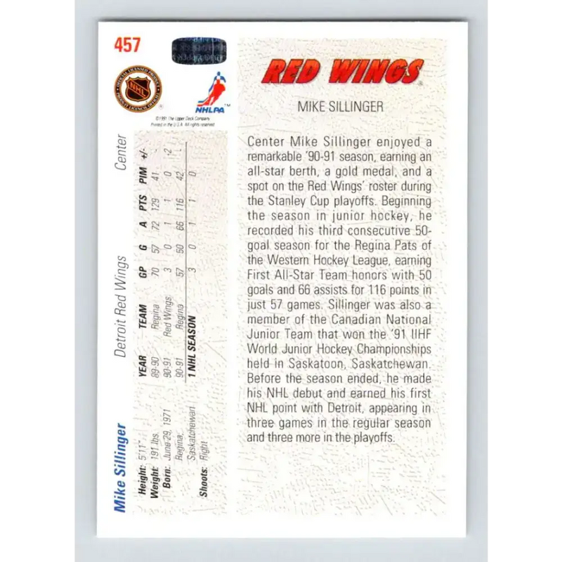 1991-92 Upper Deck #457 Mike Sillinger NM-MT Detroit Red Wings Hockey Card - Hockey Card Single