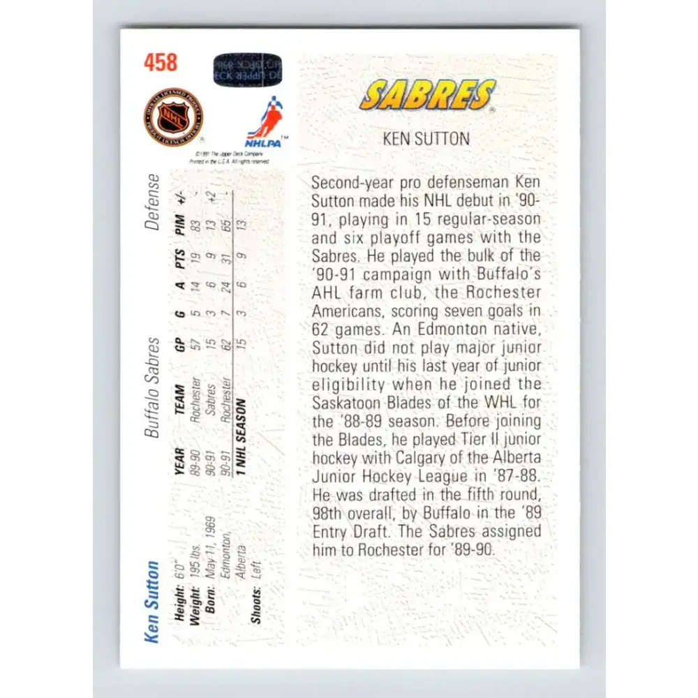 1991-92 Upper Deck #458 Ken Sutton NM-MT RC Rookie Buffalo Sabres Hockey Card - Hockey Card Single