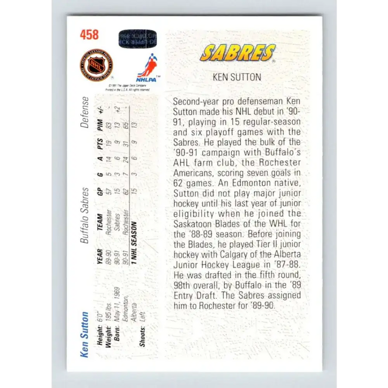 1991-92 Upper Deck #458 Ken Sutton NM-MT RC Rookie Buffalo Sabres Hockey Card - Hockey Card Single