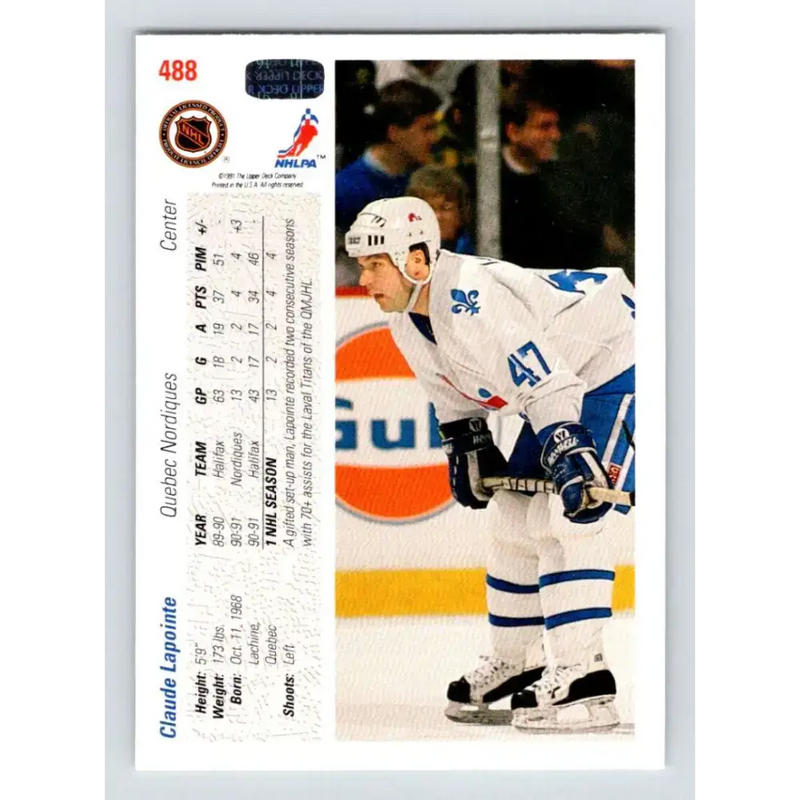 1991-92 Upper Deck #488 Claude Lapointe NM-MT RC Rookie Quebec Nordiques Hockey Card - Hockey Card Single