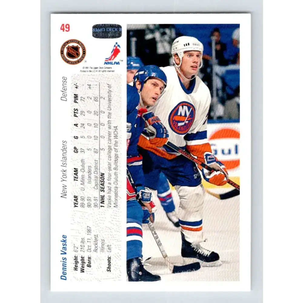 1991-92 Upper Deck #49 Dennis Vaske NM-MT New York Islanders Hockey Card - Hockey Card Single