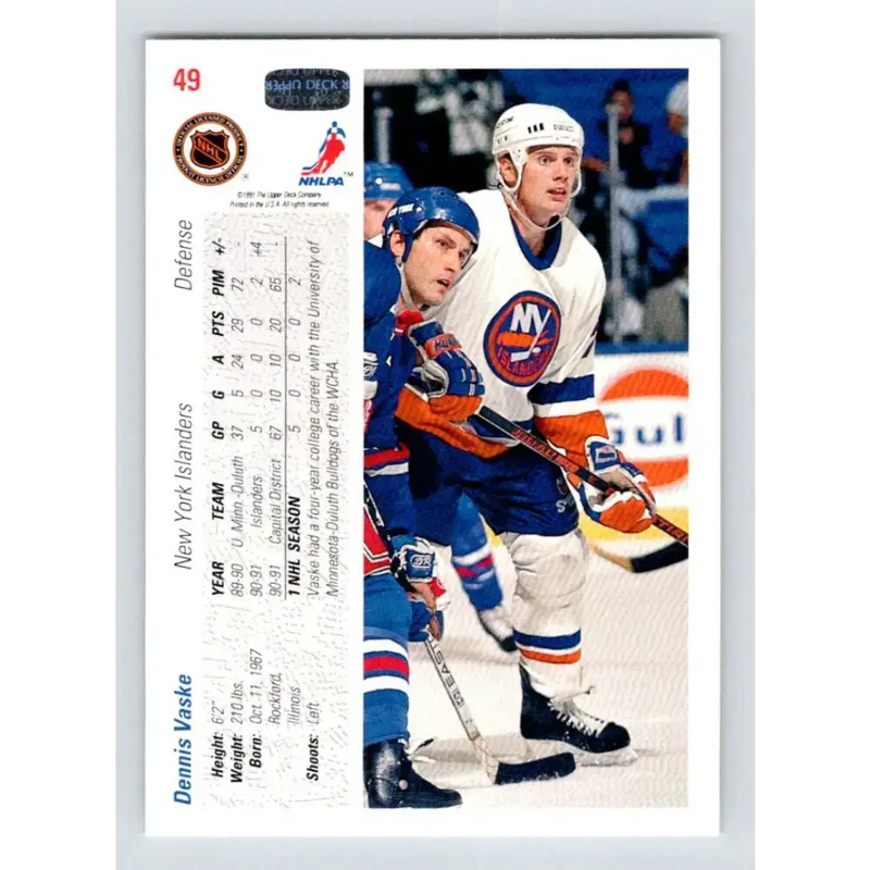 1991-92 Upper Deck #49 Dennis Vaske NM-MT New York Islanders Hockey Card - Hockey Card Single
