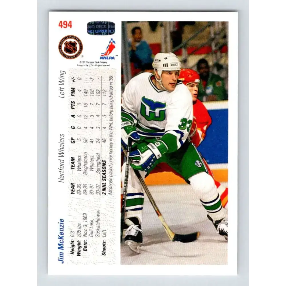 1991-92 Upper Deck #494 Jim McKenzie NM-MT Hartford Whalers Hockey Card - Hockey Card Single