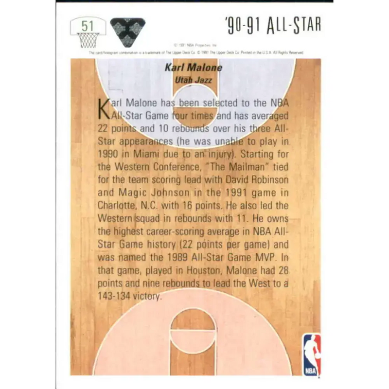 1991-92 Upper Deck #51 Karl Malone AS NM-MT Utah Jazz Basketball Card - Basketball Card Single