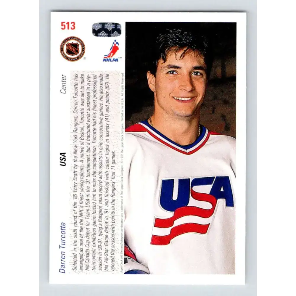 1991-92 Upper Deck #513 Darren Turcotte NM-MT New York Rangers Hockey Card - Hockey Card Single