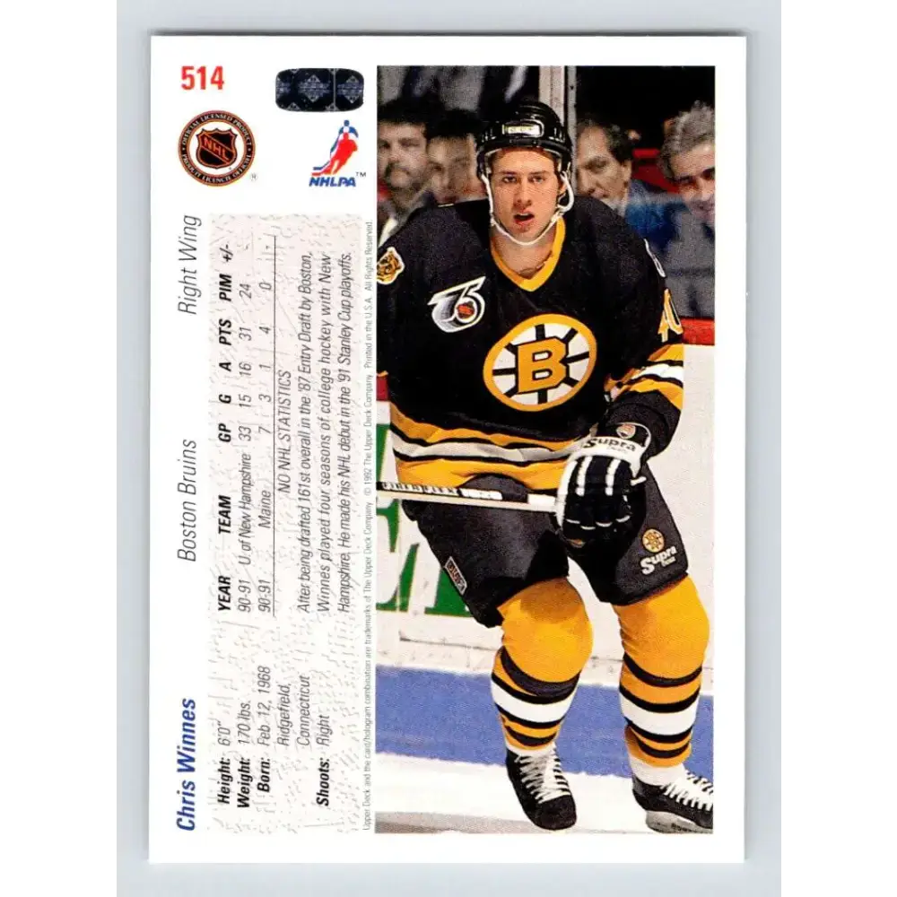 1991-92 Upper Deck #514 Chris Winnes NM-MT RC Rookie Boston Bruins Hockey Card - Hockey Card Single