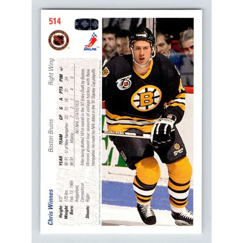 1991-92 Upper Deck #514 Chris Winnes NM-MT RC Rookie Boston Bruins Hockey Card - Hockey Card Single
