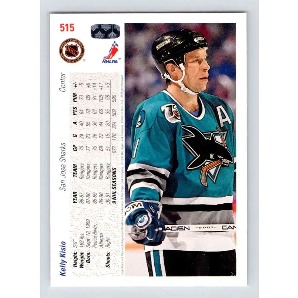 1991-92 Upper Deck #515 Kelly Kisio NM-MT San Jose Sharks Hockey Card - Hockey Card Single