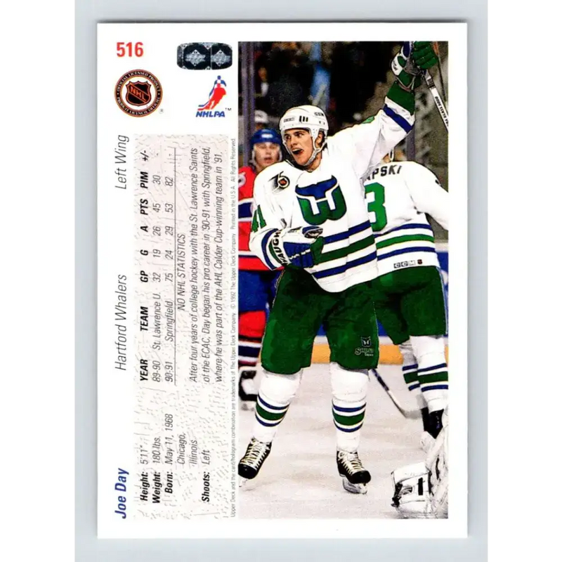 1991-92 Upper Deck #516 Joe Day NM-MT RC Rookie Hartford Whalers Hockey Card