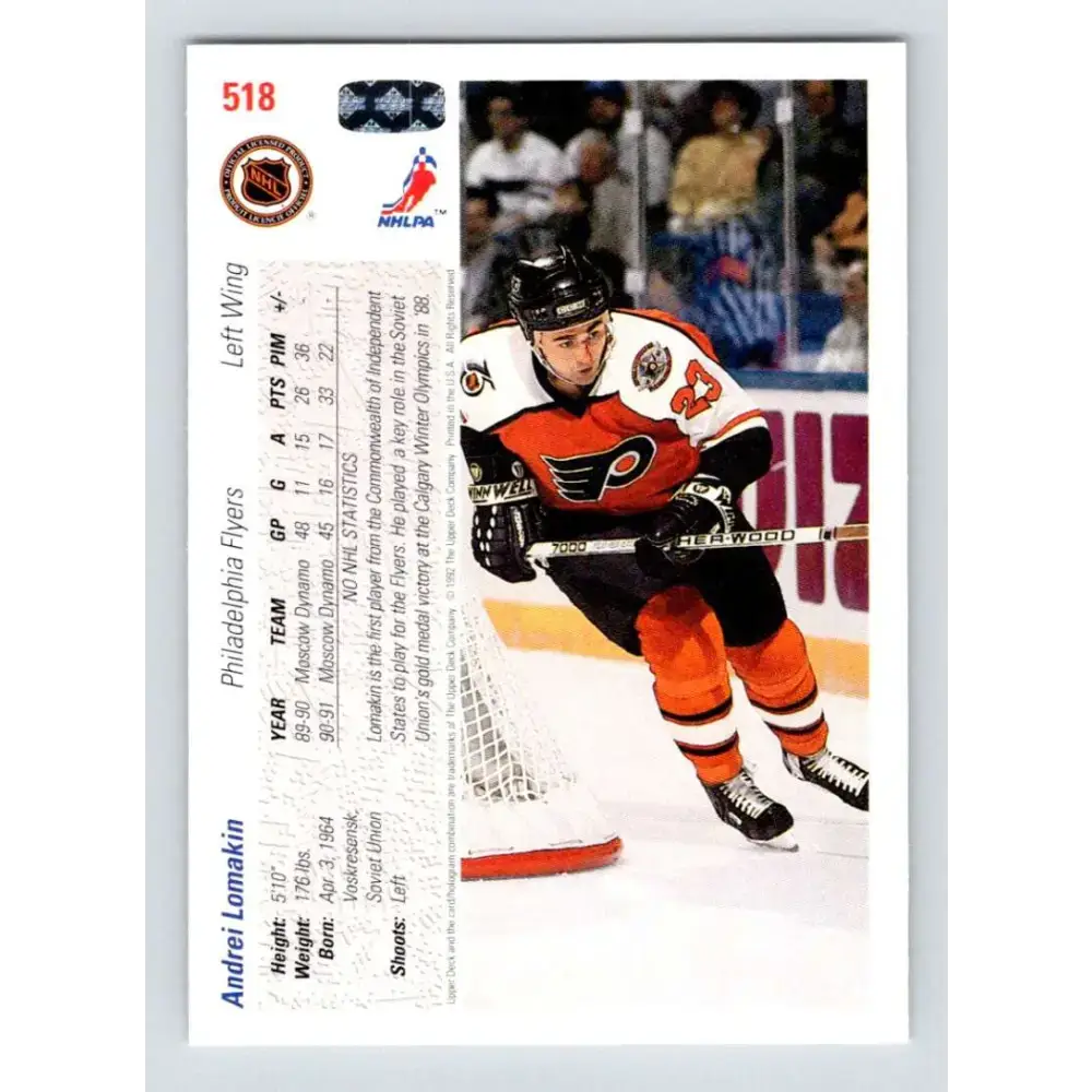 1991-92 Upper Deck #518 Andrei Lomakin NM-MT Philadelphia Flyers Hockey Card - Hockey Card Single