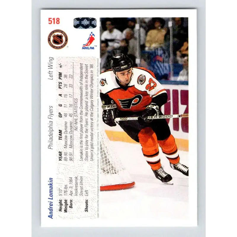 1991-92 Upper Deck #518 Andrei Lomakin NM-MT Philadelphia Flyers Hockey Card - Hockey Card Single