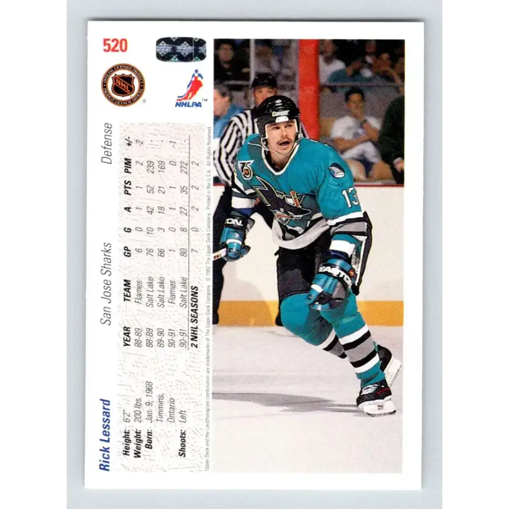 1991-92 Upper Deck #520 Rick Lessard NM-MT San Jose Sharks Hockey Card - Hockey Card Single