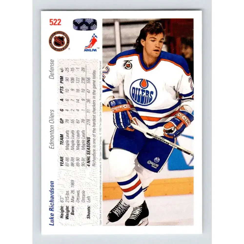 1991-92 Upper Deck #522 Luke Richardson NM-MT Edmonton Oilers Hockey Card - Hockey Card Single