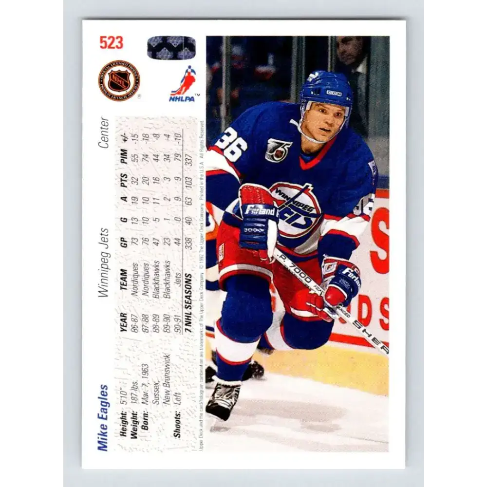 1991-92 Upper Deck #523 Mike Eagles NM-MT Winnipeg Jets Hockey Card - Hockey Card Single