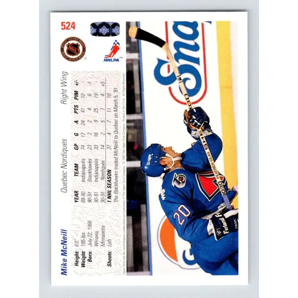 1991-92 Upper Deck #524 Mike McNeill NM-MT Quebec Nordiques Hockey Card - Hockey Card Single