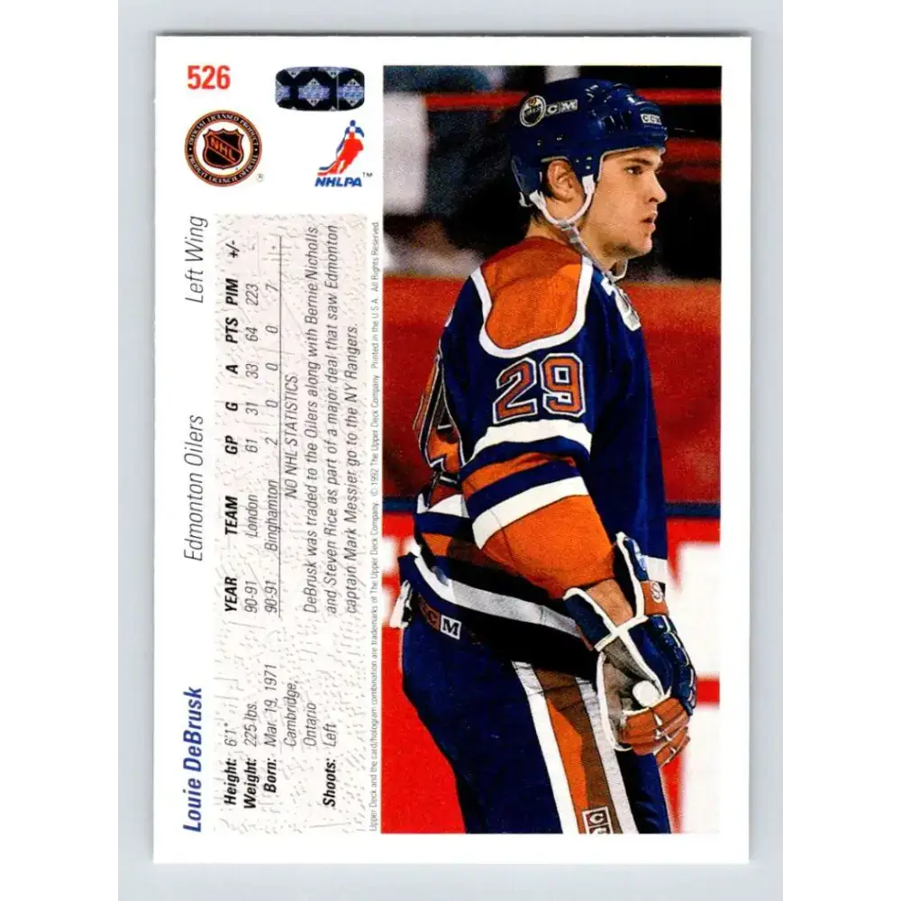 1991-92 Upper Deck #526 Louie DeBrusk NM-MT Edmonton Oilers Hockey Card - Hockey Card Single