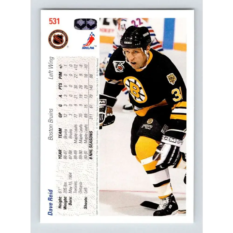 1991-92 Upper Deck #531 David Reid NM-MT Boston Bruins Hockey Card - Hockey Card Single
