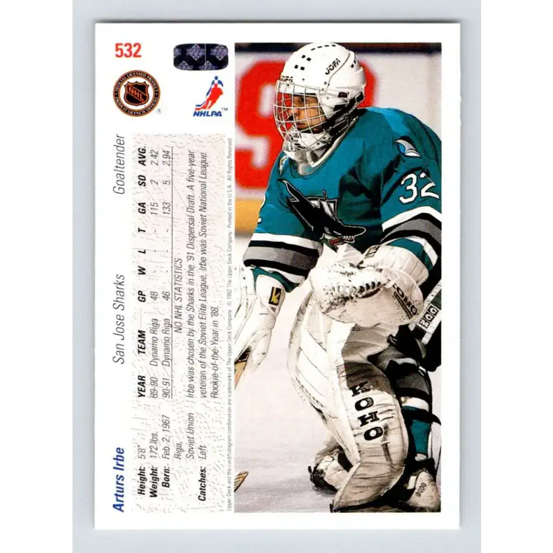 1991-92 Upper Deck #532 Arturs Irbe NM-MT San Jose Sharks Hockey Card - Hockey Card Single
