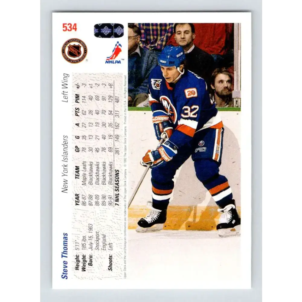 1991-92 Upper Deck #534 Steve Thomas NM-MT New York Islanders Hockey Card - Hockey Card Single
