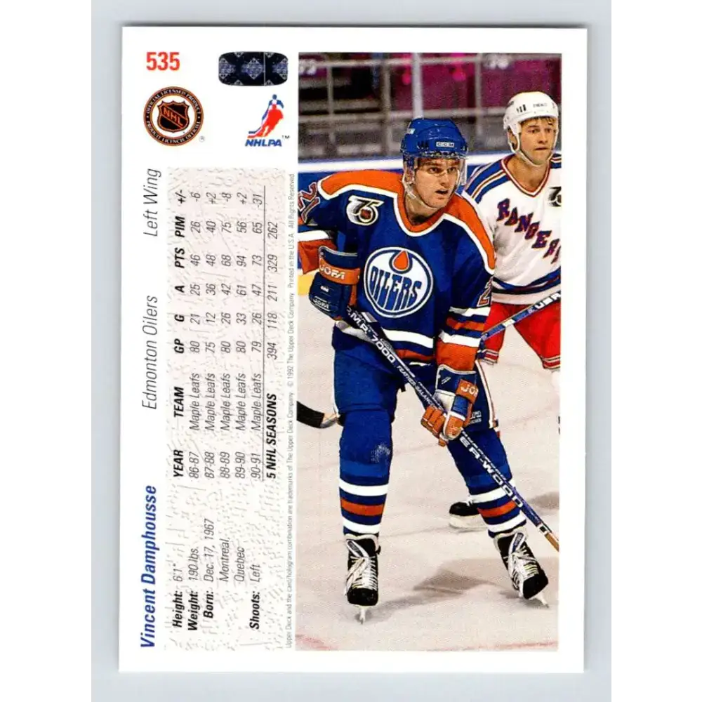 1991-92 Upper Deck #535 Vincent Damphousse NM-MT Edmonton Oilers Hockey Card - Hockey Card Single