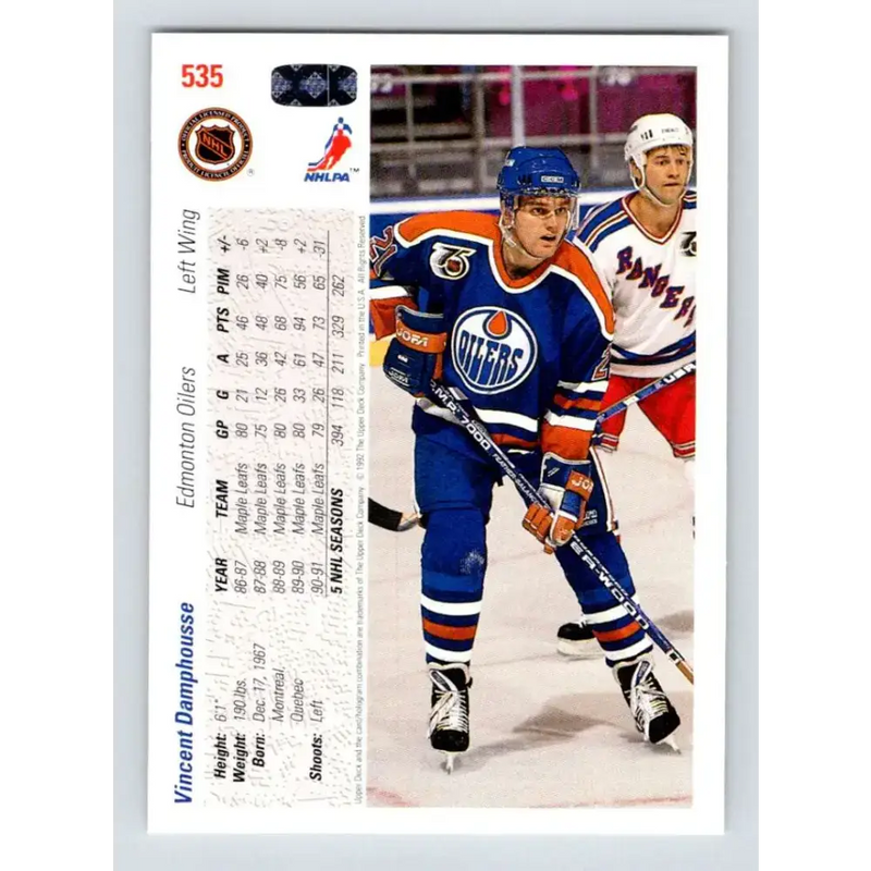 1991-92 Upper Deck #535 Vincent Damphousse NM-MT Edmonton Oilers Hockey Card - Hockey Card Single