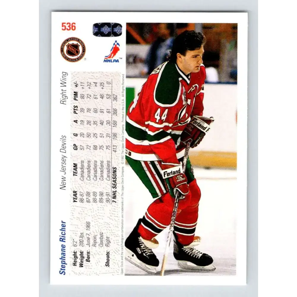 1991-92 Upper Deck #536 Stephane Richer NM-MT New Jersey Devils Hockey Card - Hockey Card Single