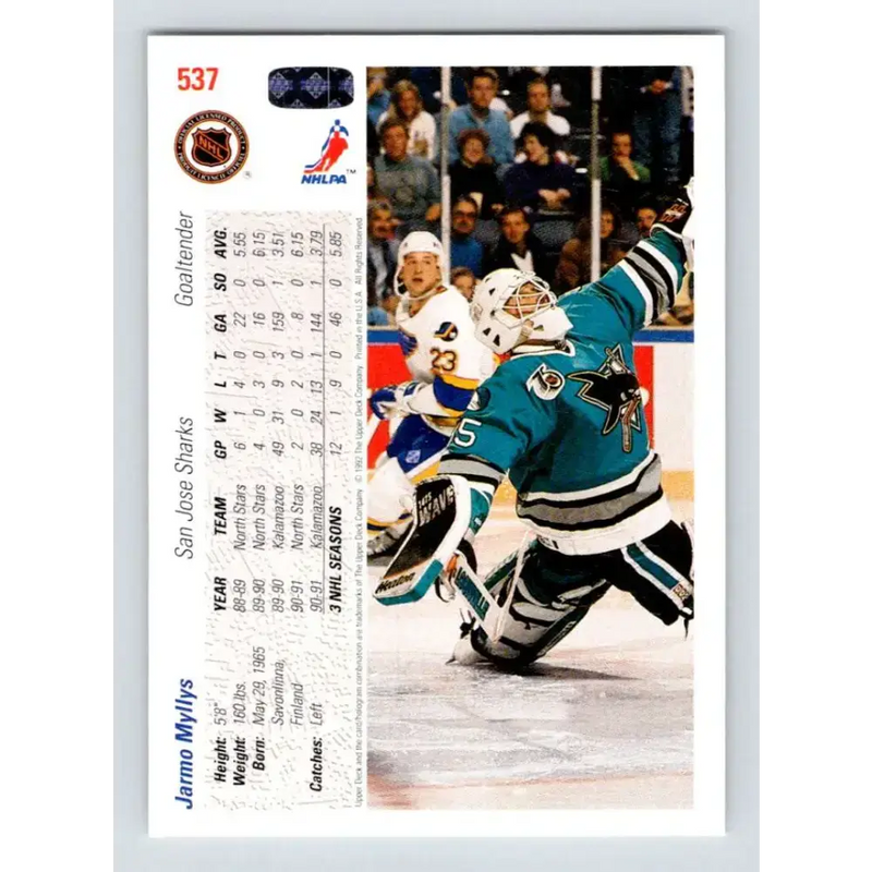 1991-92 Upper Deck #537 Jarmo Myllys NM-MT San Jose Sharks Hockey Card - Hockey Card Single