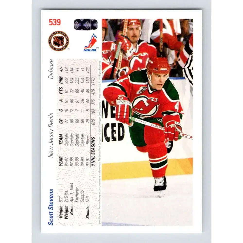 1991-92 Upper Deck #539 Scott Stevens NM-MT New Jersey Devils Hockey Card - Hockey Card Single