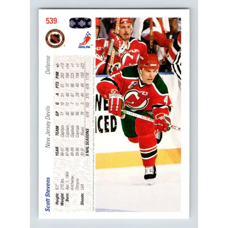 1991-92 Upper Deck #539 Scott Stevens NM-MT New Jersey Devils Hockey Card - Hockey Card Single