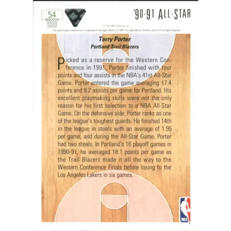 1991-92 Upper Deck #54 Terry Porter AS NM-MT Portland Trail Blazers Basketball Card - Basketball Card Single