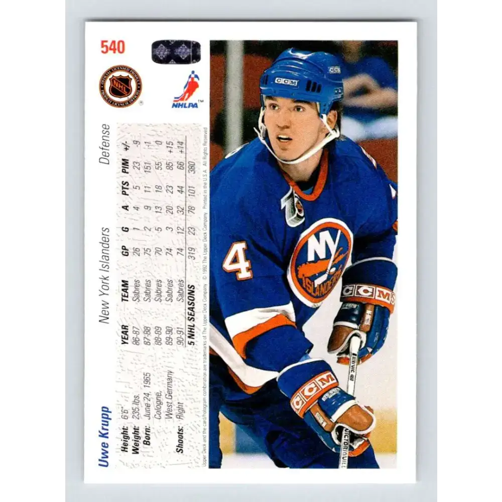 1991-92 Upper Deck #540 Uwe Krupp NM-MT New York Islanders Hockey Card - Hockey Card Single