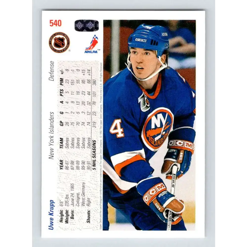 1991-92 Upper Deck #540 Uwe Krupp NM-MT New York Islanders Hockey Card - Hockey Card Single