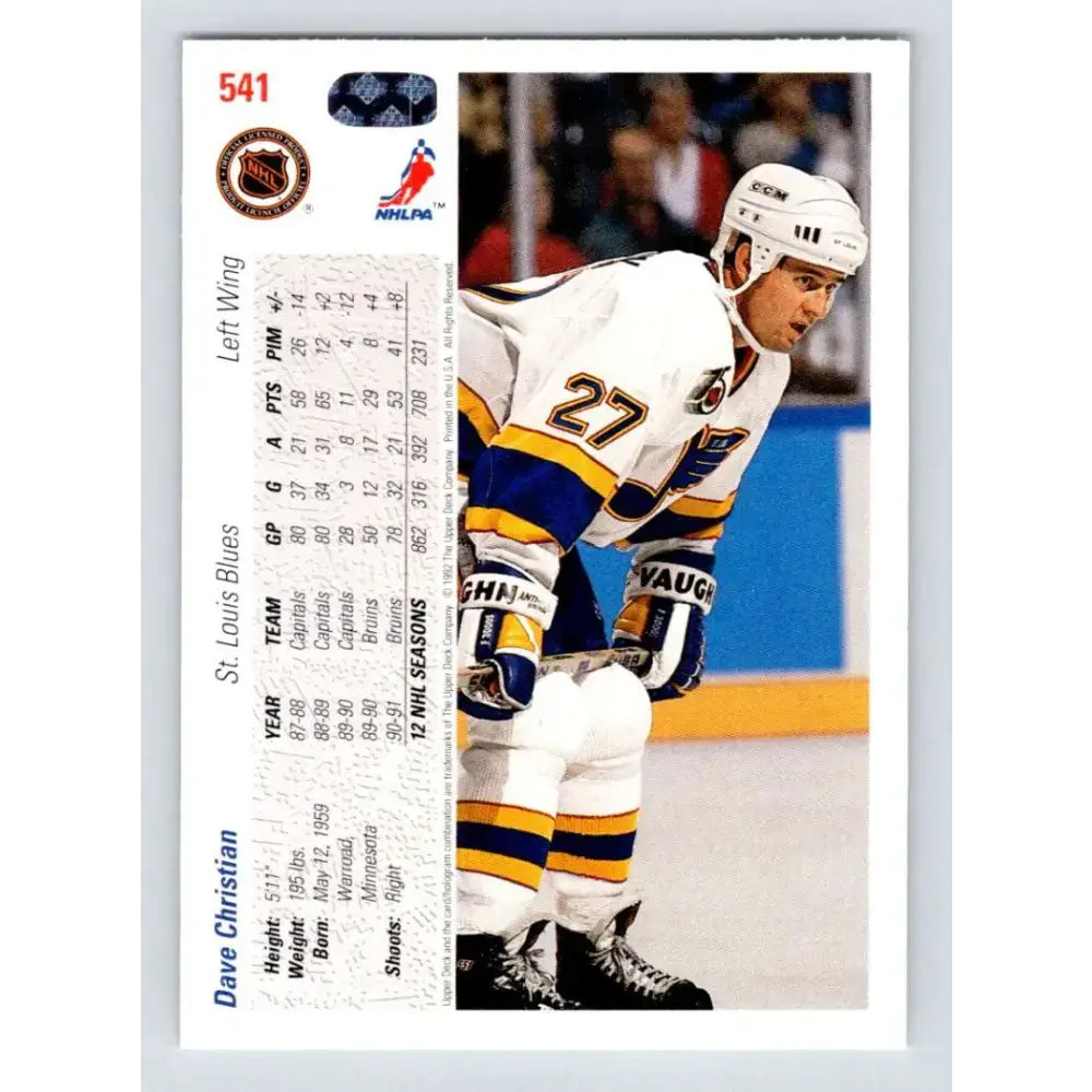 1991-92 Upper Deck #541 Dave Christian NM-MT St. Louis Blues Hockey Card - Hockey Card Single