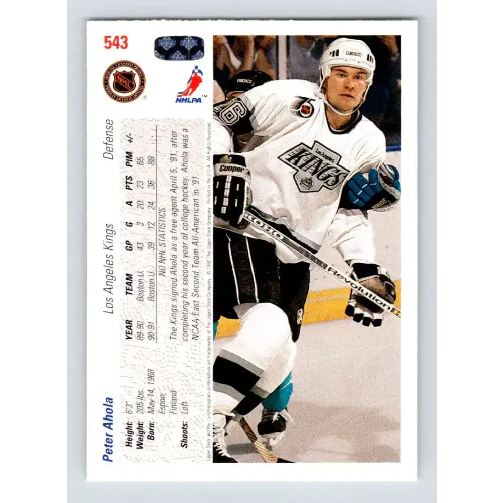 1991-92 Upper Deck #543 Peter Ahola NM-MT RC Rookie Los Angeles Kings Hockey Card - Hockey Card Single